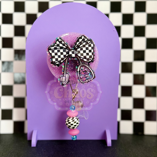 Checkered Stethoscope Badge Reel With Charm